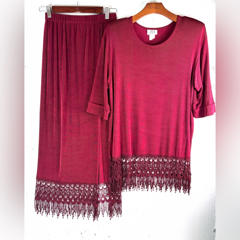 Jostar M Elegant Slinky Lace Trim Midi Skirt Stretch Set in Cranberry